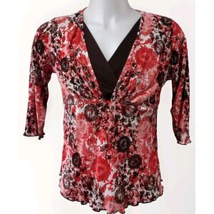 CJ Banks Shirt Women's Size X or 14W Blouse Top 3/4 Sleeve Orange Brown V- Neck